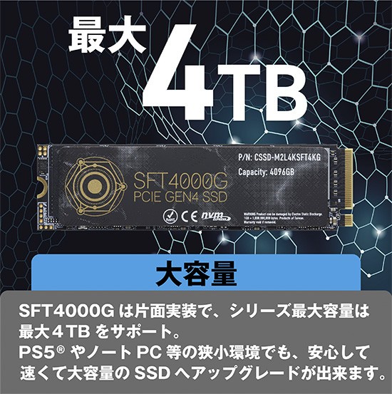 M.2 SSDの正面写真の上に 最大4TB と書かれた画像