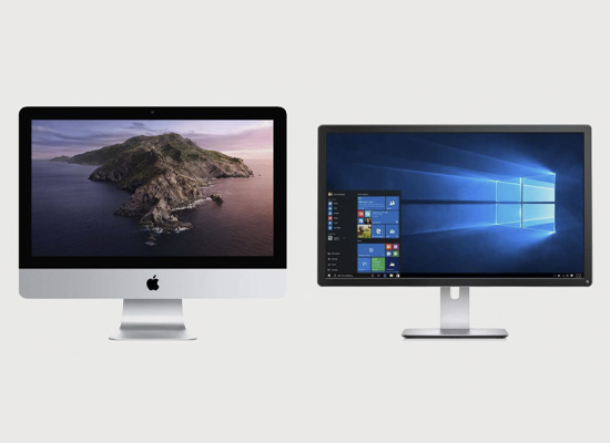 Mac OSとWindowsをそれぞれ映した2台の液晶モニター