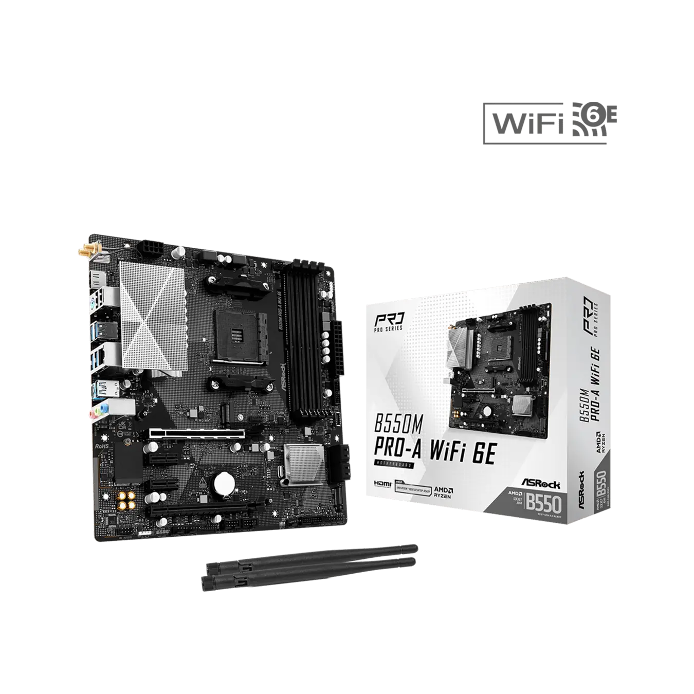 ASRock B550M Pro-A WiFi 6Eの製品画像。銀色のVRMヒートシンクを備えたMicro-ATXマザーボードと白い製品パッケージ、外付けアンテナ2本