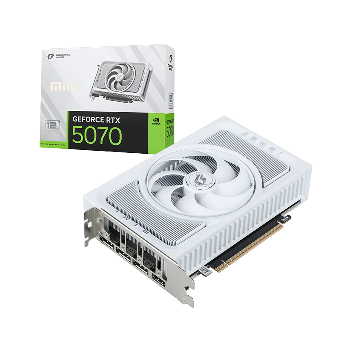 Colorful iGame GeForce RTX 5070 Mini W OC 12GB-Vの本体とパッケージ。白い筐体にファン1基、ブラケット側にDisplayPort 3基とHDMI 1基が並ぶ